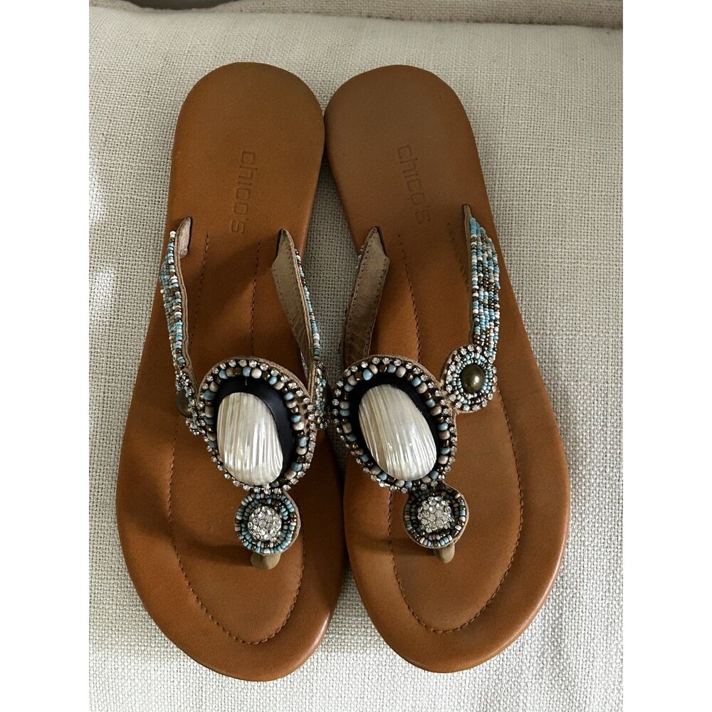 Chico's Flip Flop Sandals Size 9 Beaded Rhinestone Stone Artsy Coastal Thong - Picture 2 of 8